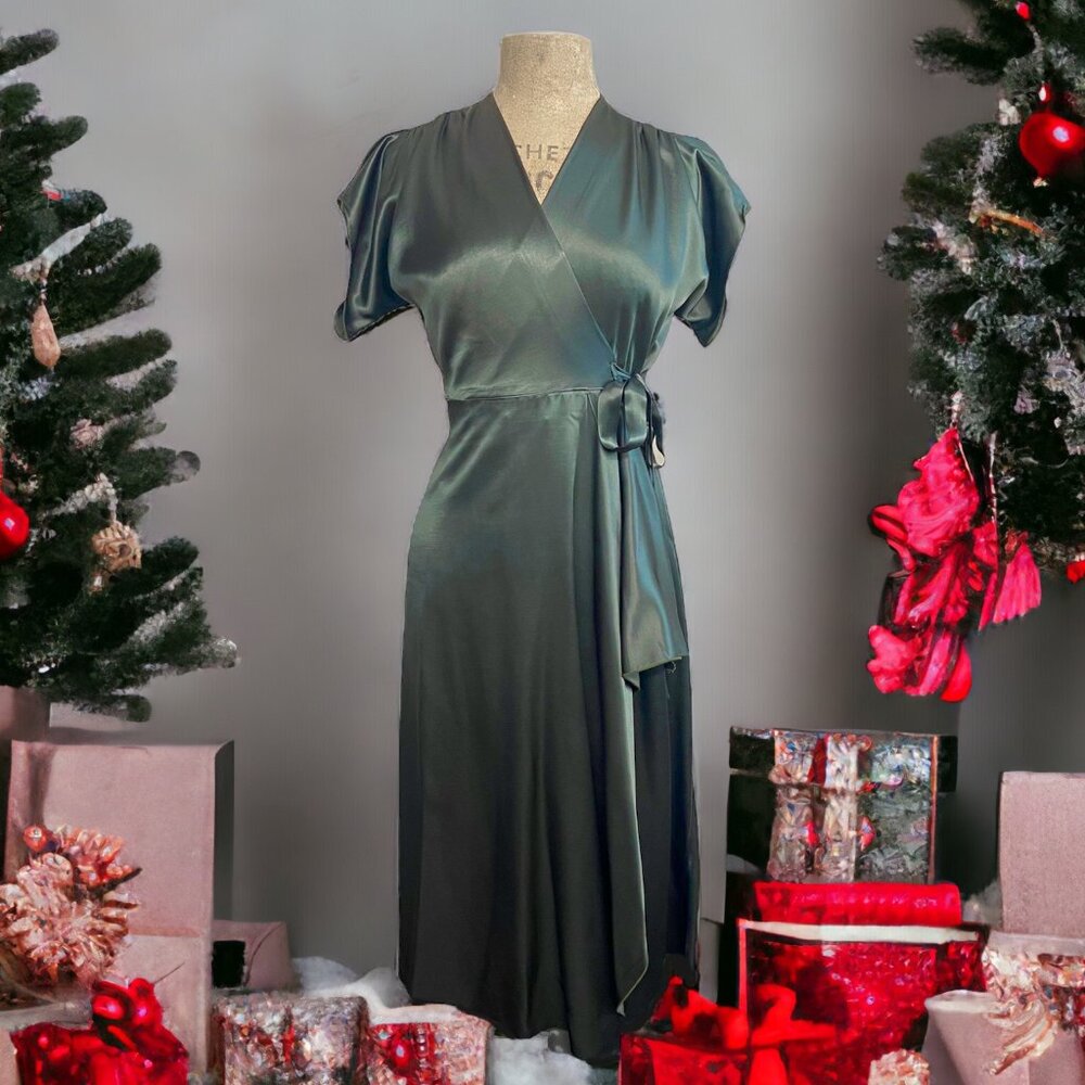 Loco Lindo Green Satin Cascade Wrap Dress